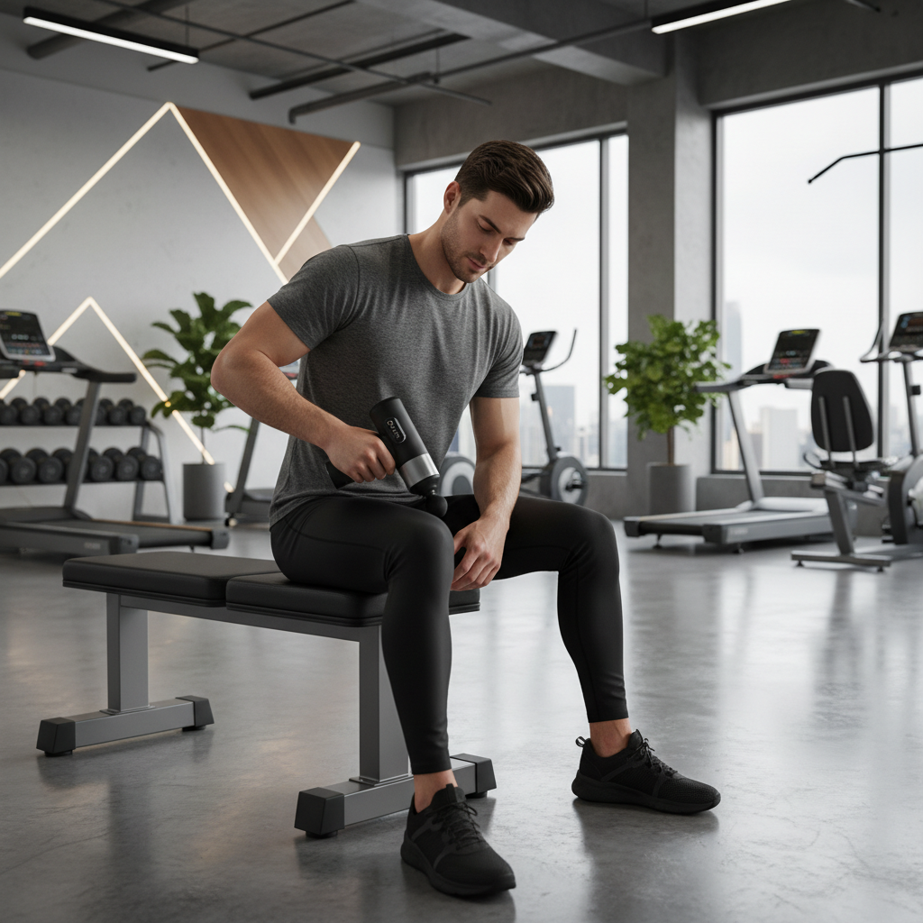 Person using massage gun on legs